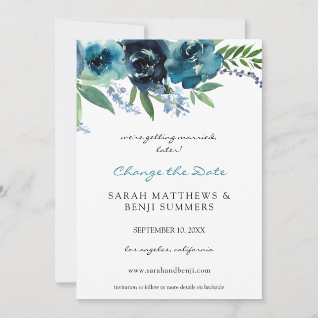 Convite Azul Empoeirado 2 Floral Mudar a Data (Grande) (Frente)