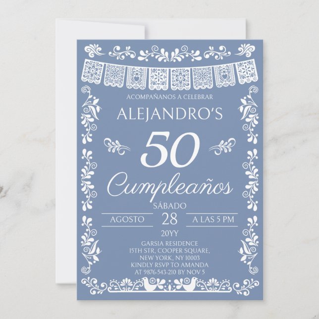 Convite Azul Empoeirado 50 Cumpleaños Festa de Aniversário (Frente)