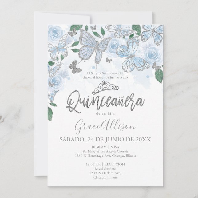 Convite Azul Empoeirado Borboleta Prata Quinceanera (Frente)