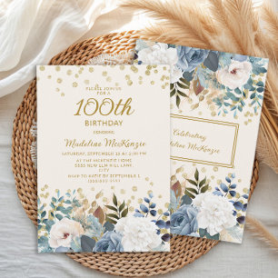 Convite Azul Empoeirado Branco Floral Dourado 100º Anivers
