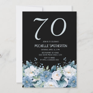 Convite Azul Empoeirado Branco Floral Preto Aniversário de