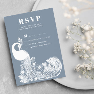 Convite Azul empoeirado branco real pavão elegante RSVP