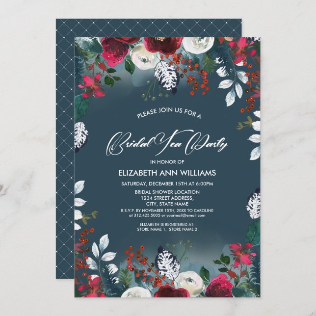Convite Azul empoeirado | Burgundy Red Bload Bridal Tea Pa (Frente/Verso)