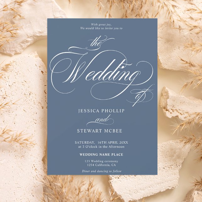 Convite Azul empoeirado Chic tudo em um casamento de calig (Criador carregado)