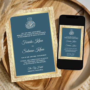 Convite Azul Empoeirado Creme Damasco Casamento Islâmico M