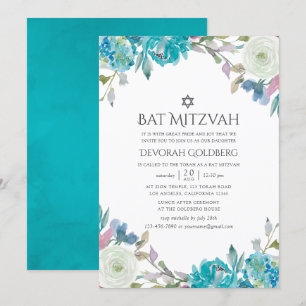 Convite Azul empoeirado e Bat Mitzvah Floral Turquesa