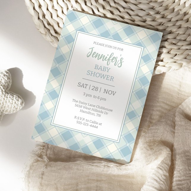 Convite Azul empoeirado e Chá de fraldas verde (Gingham Plaid baby Shower Invitation Dusty Blue and Sea Foam Green)