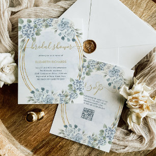 Convite Azul empoeirado e Dourado Floral   Chá de panela d