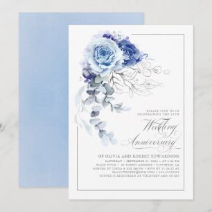 Convite Azul Empoeirado e Floral de Casamento Aniversário