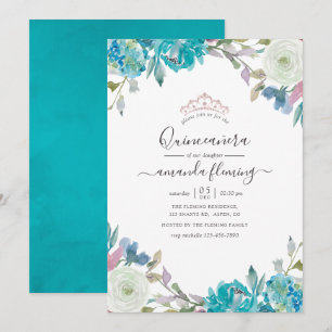 Convite Azul Empoeirado e Floral Turquesa Quinceañera