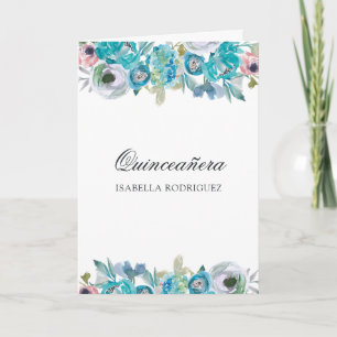 Convite Azul Empoeirado e Floral Turquesa Quinceañera