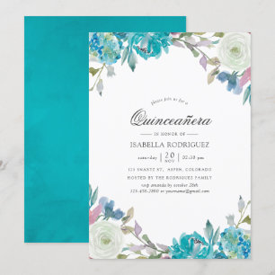 Convite Azul Empoeirado e Floral Turquesa Quinceañera