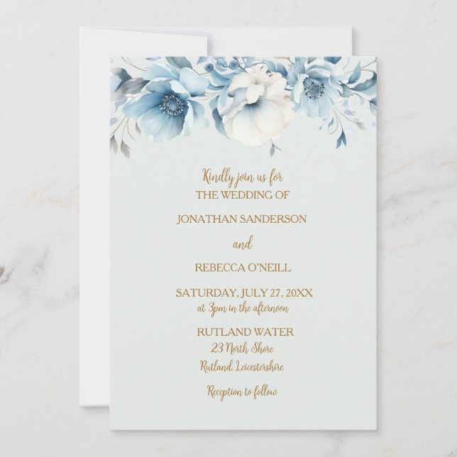 Convite Azul empoeirado e ouro, casamento floral (Frente)