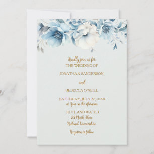 Convite Azul empoeirado e ouro, casamento floral