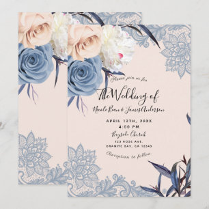 Convite Azul Empoeirado e Renda Floral de Pêssego Casament