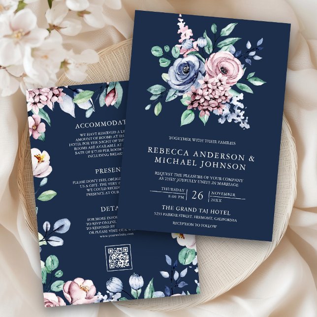 Convite Azul Empoeirado e Rosa Floral Código QR Casamento  (Criador carregado)