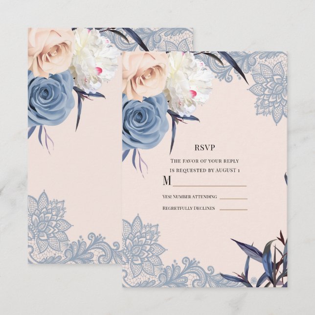 Convite Azul Empoeirado & Flor de Pêssego Renda Casamento  (Frente/Verso)