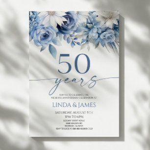 Convite Azul Empoeirado Floral 50º Aniversário de Casament
