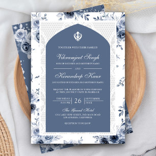 Convite Azul Empoeirado Floral Anand Karaj Casamento Punja