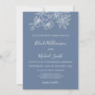 Convite Azul Empoeirado Floral Arte Linha Branco Casamen