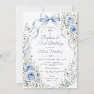 Convite Azul Empoeirado Floral Batismo & 1º Aniversário Bo