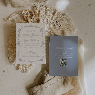 Convite Azul Empoeirado Floral Boho Botânico Código QR Cas