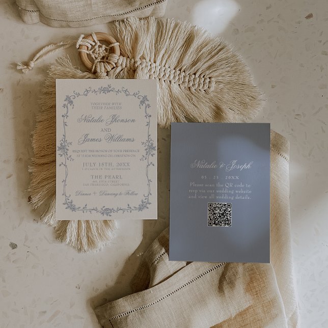 Convite Azul Empoeirado Floral Boho Botânico Código QR Cas (Criador carregado)