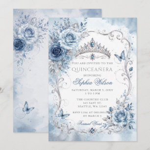 Convite Azul Empoeirado Floral Borboleta Quinceañera