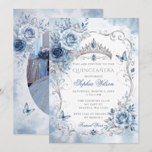 Convite Azul Empoeirado Floral Borboleta Quinceañera Foto