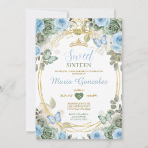 Convite Azul Empoeirado & Floral Borboleta Sweet Sixteen V