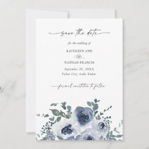 Convite Azul Empoeirado Floral Casamento Salve a Data