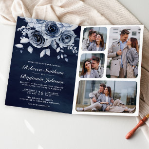 Convite Azul empoeirado Floral Código QR Foto Casamento Az