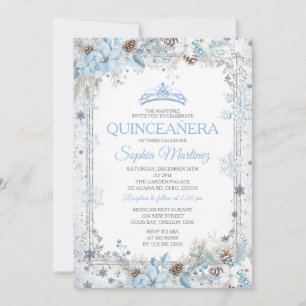 Convite Azul Empoeirado Floral de Natal Floco de Neve Quin