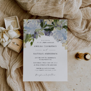 Convite Azul Empoeirado Floral Elegante Casamento 