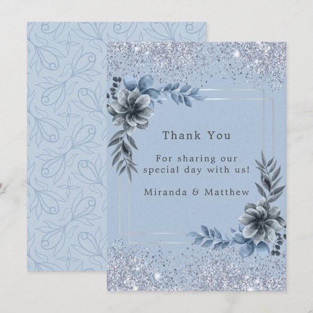 Convite Azul Empoeirado Floral Prata Brilho Casamento Agra (Frente/Verso)
