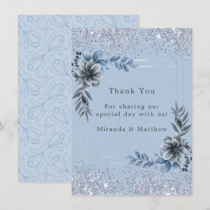 Convite Azul Empoeirado Floral Prata Brilho Casamento Agra