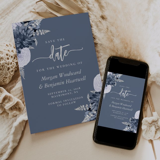 Convite Azul Empoeirado Floral Prata Casamento Salve a Dat (Criador carregado)
