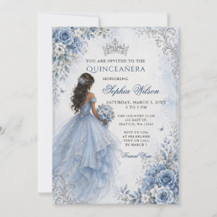 Convite Azul Empoeirado Floral Prata Princesa Quinceañera