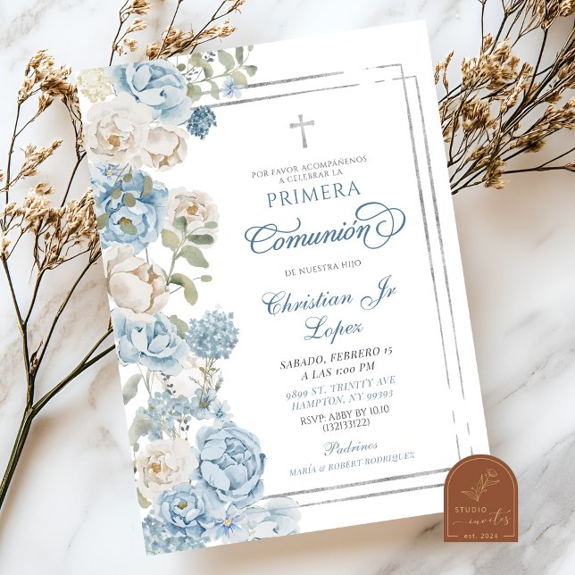 Convite Azul Empoeirado Floral Primeira Comunhão I (Criador carregado)