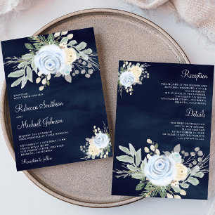 Convite Azul Empoeirado Marfim Floral Tudo em Um Casamento