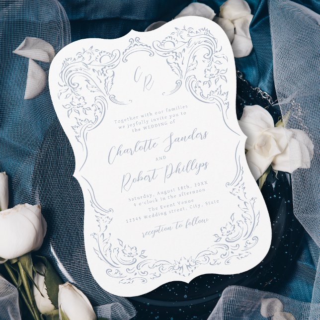 Convite Azul Empoeirado Monograma de Casamento com Floread (Dusty Blue Vintage Flourish Monogram Wedding Invitation)