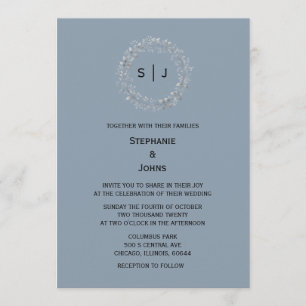 Convite Azul Empoeirado Monograma Folha Crista Elegante Ca