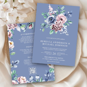 Convite Azul Empoeirado por Vinca Rosa Código QR Floral Ca