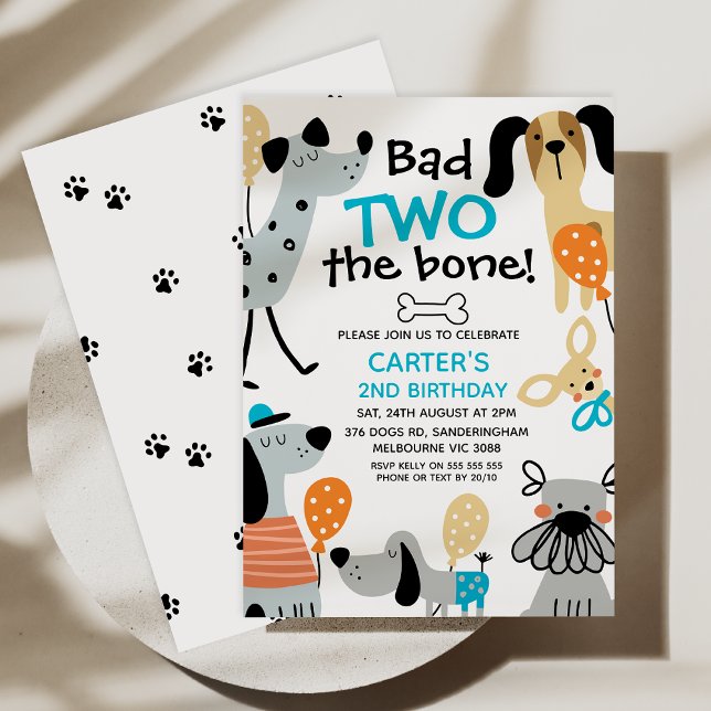 Convite Azul Engraçado Ruim Dois O segundo aniversário Dos (Editable Dog Bad 2 the Bone Birthday Invitation, Bad Two the Bone Birthday Invitation Template, Dogs)