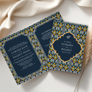 Convite Azul Escuro Amarelo Ikat Sikh Traje de Noiva Compl