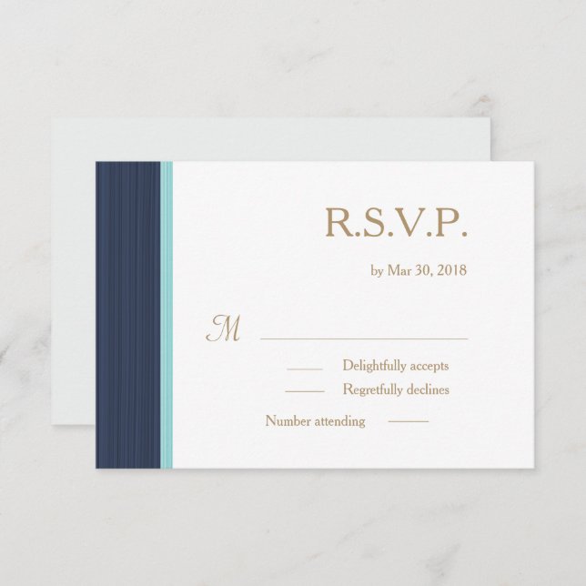 Convite Azul escuro, branco sutil stripes casamento RSVP (Frente/Verso)