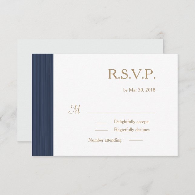 Convite Azul escuro, branco sutil stripes casamento RSVP (Frente/Verso)