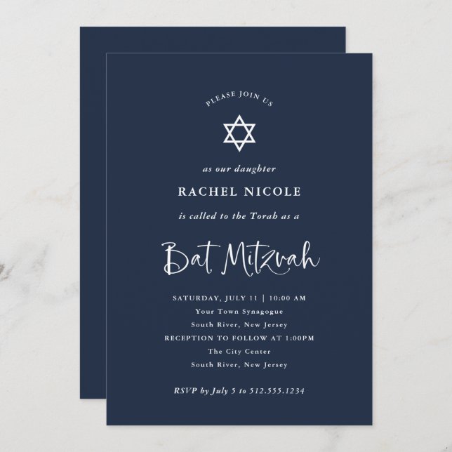 Convite Azul escuro com caligrafia branca | Bat Mitzvah (Frente/Verso)