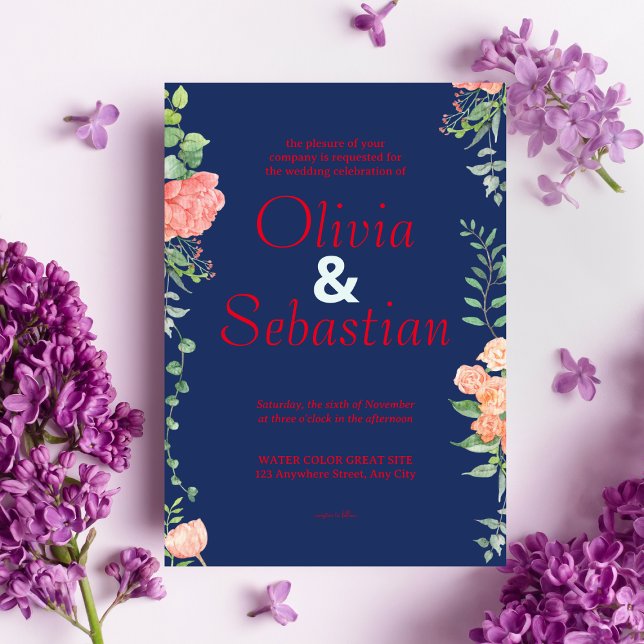 Convite Azul escuro com tipografia vermelha casamento eleg (Criador carregado)