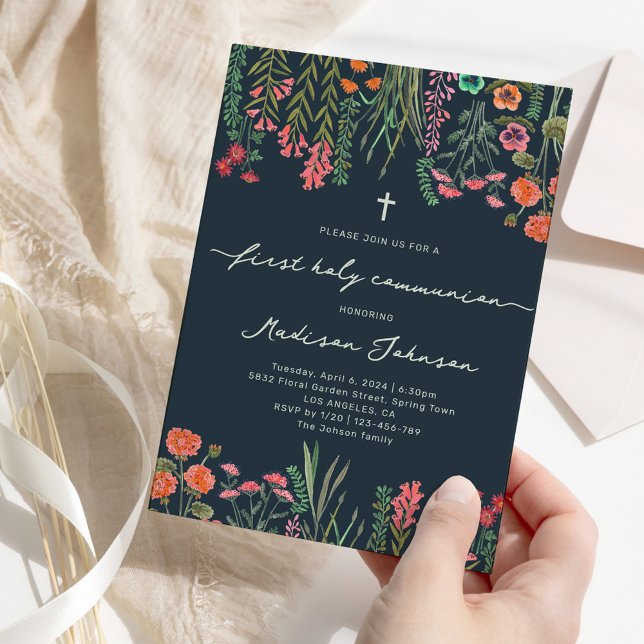 Convite Azul-escuro de flor selvagem Primeira Comunhão San (Wildflower dark blue First Holy Communion Invitation)